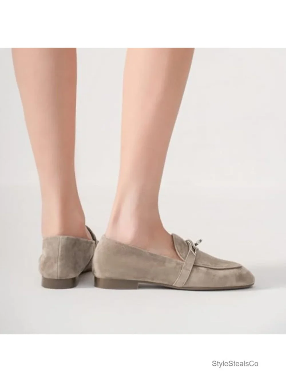 Suede Leather Loafers with Metal Buckle Slip-On Dress Flats Low Heel Work Shoes